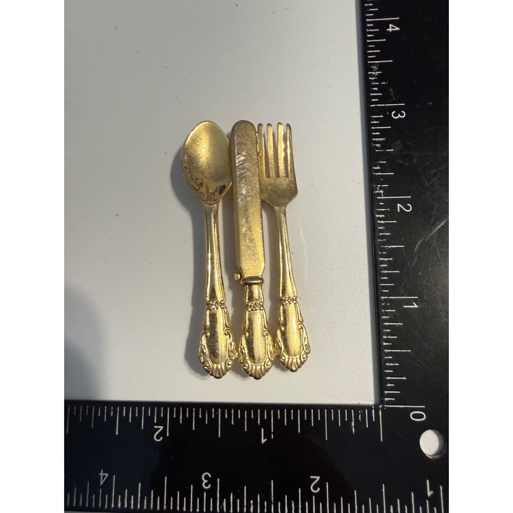 Vintage Gold Tone Miniature Cutlery Brooch Fork Knife Spoon Novelty Pin‎